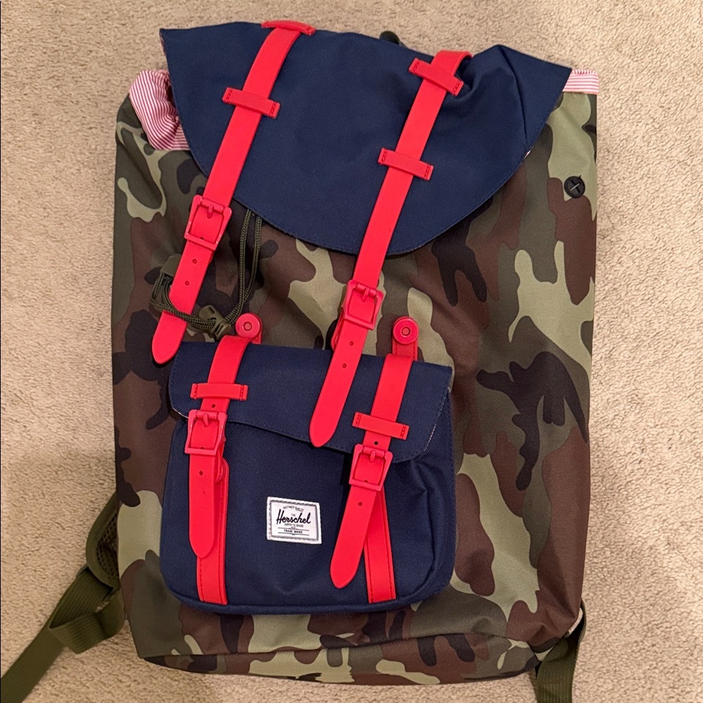 Herschel Supply Company Camo and Navy Backpack with Red Accents NEW
